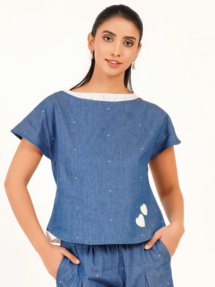 Boat Neck Denim Printed Polka Dot Top - Ice Blue