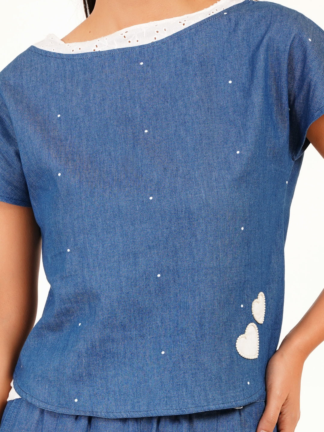Boat Neck Denim Printed Polka Dot Top - Ice Blue