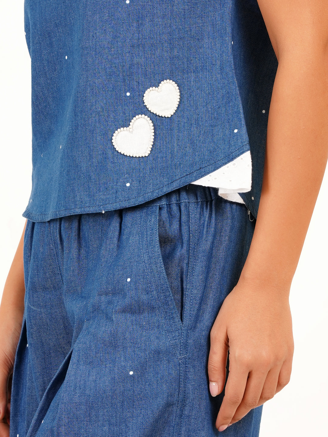 Boat Neck Denim Printed Polka Dot Top - Ice Blue