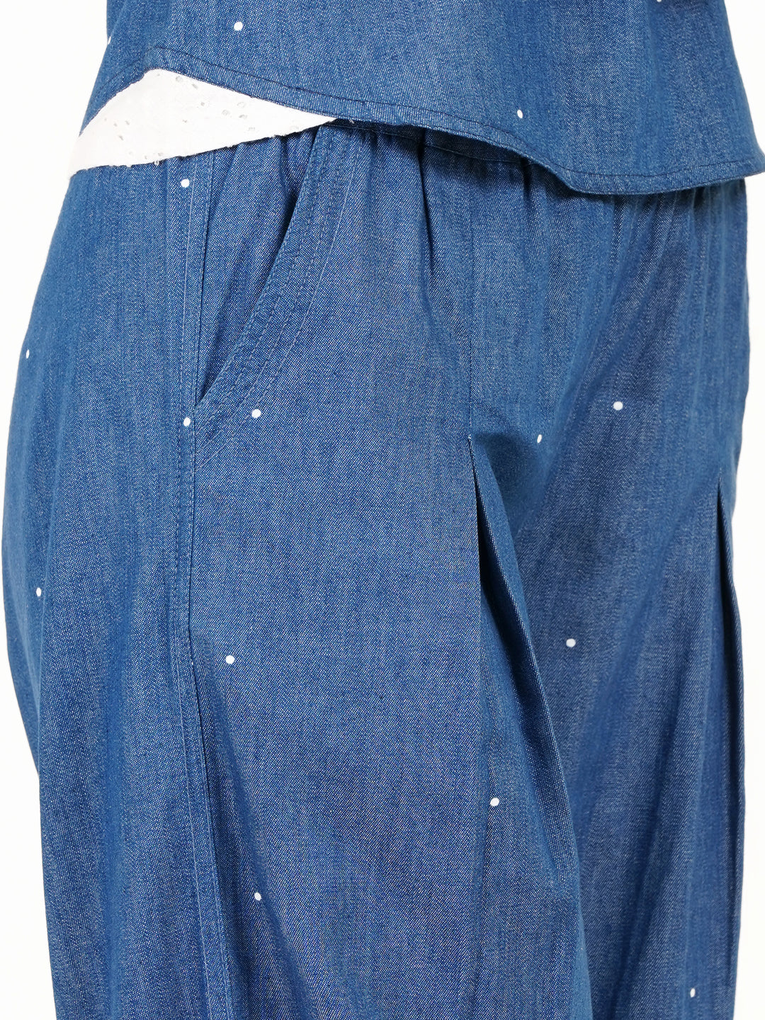 Boat Neck Denim Printed Polka Dot Top - Ice Blue