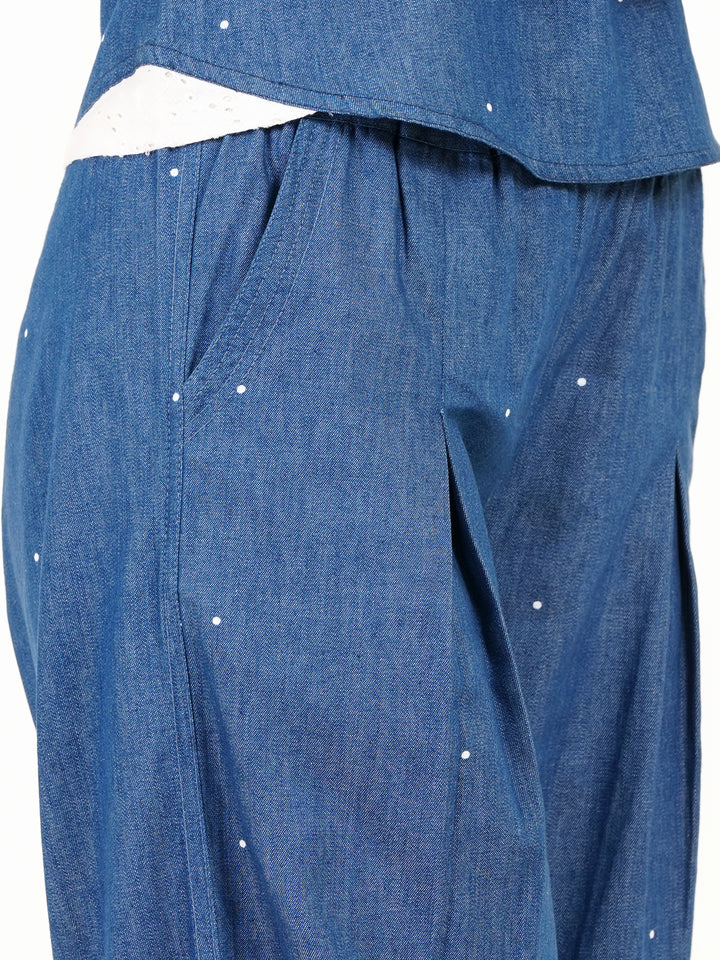 Boat Neck Denim Printed Polka Dot Top - Ice Blue
