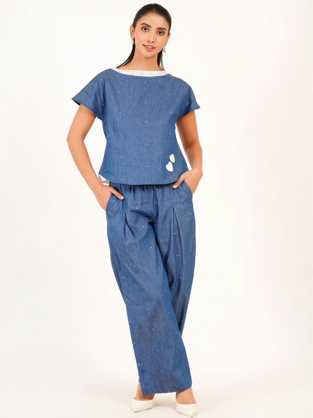 Boat Neck Denim Printed Polka Dot Top - Ice Blue