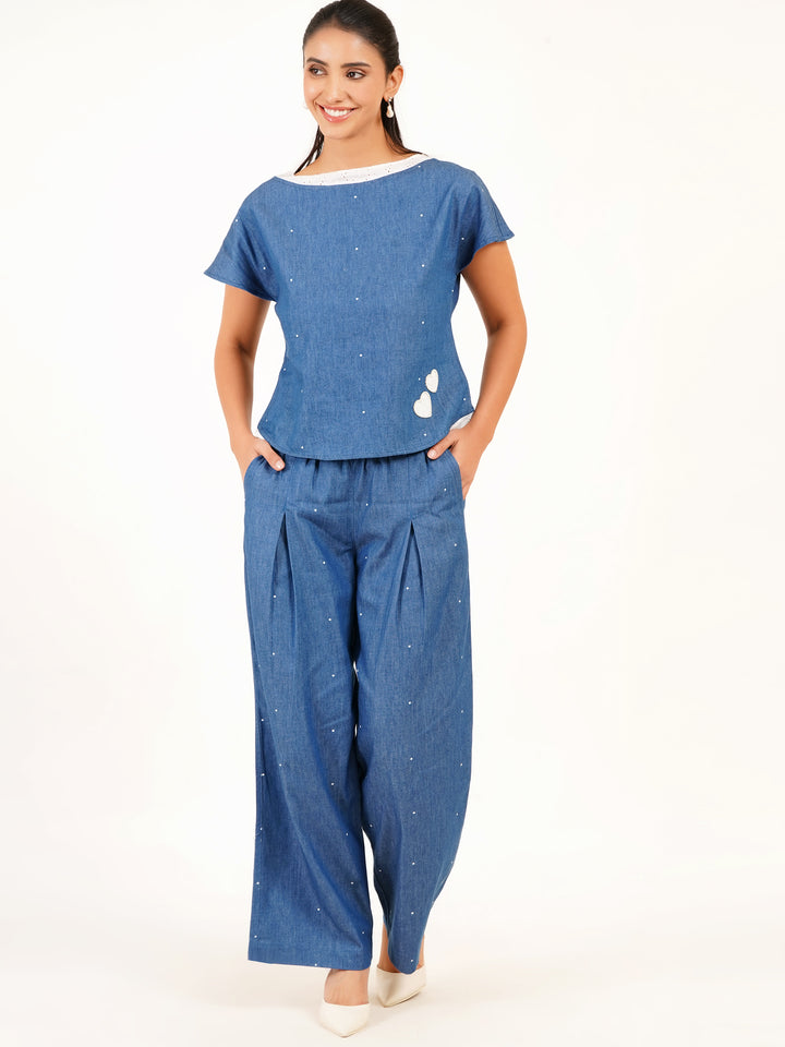 Boat Neck Denim Printed Polka Dot Top - Ice Blue