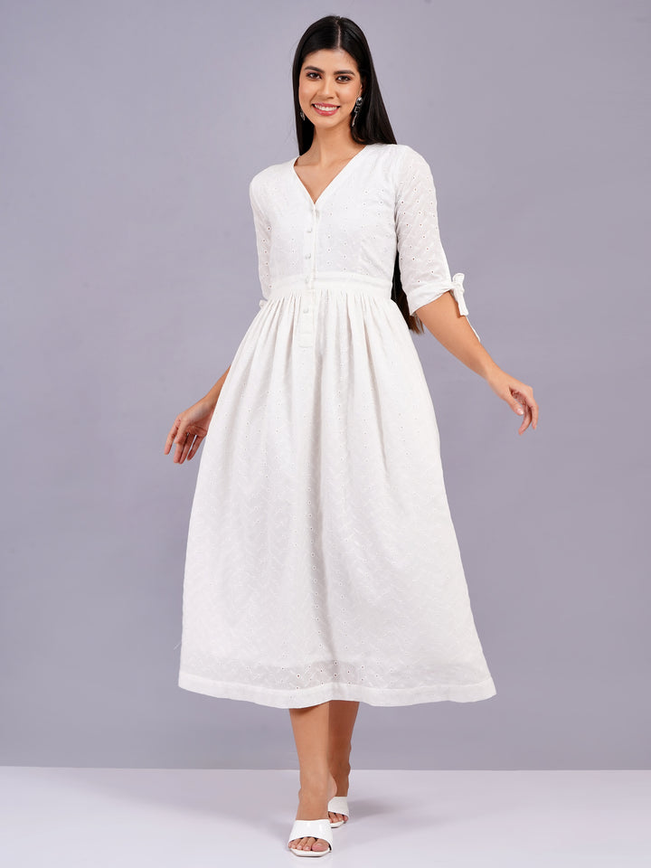 Elegant All-Over Embroidered White Schiffli Midi Dress