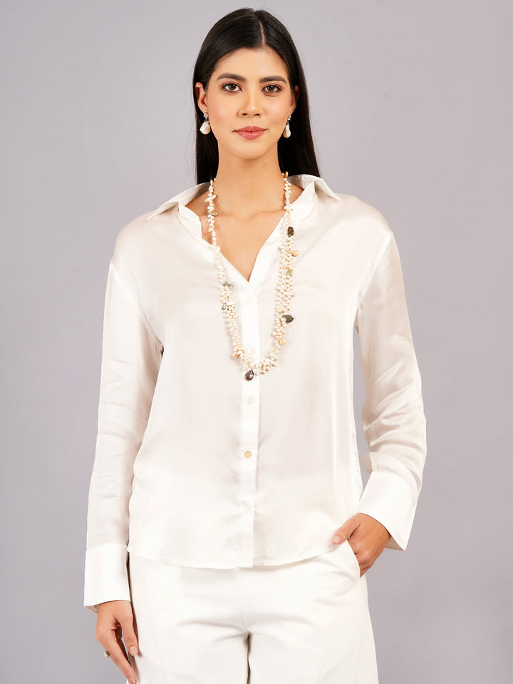 White Full Sleeves Silky Satin Shirt