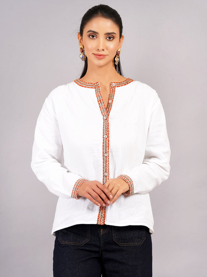 Women's Embroidered Organic Cotton Shirt - Fall-Inspired Elegance