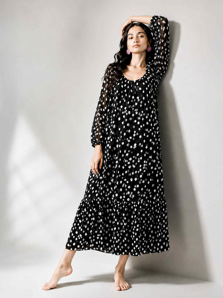 Boho Spirit Sleeved Dress - Black Polka