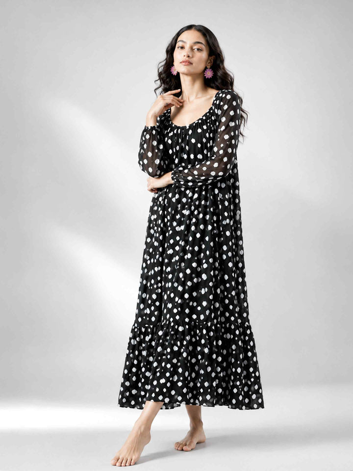 Boho Spirit Sleeved Dress - Black Polka