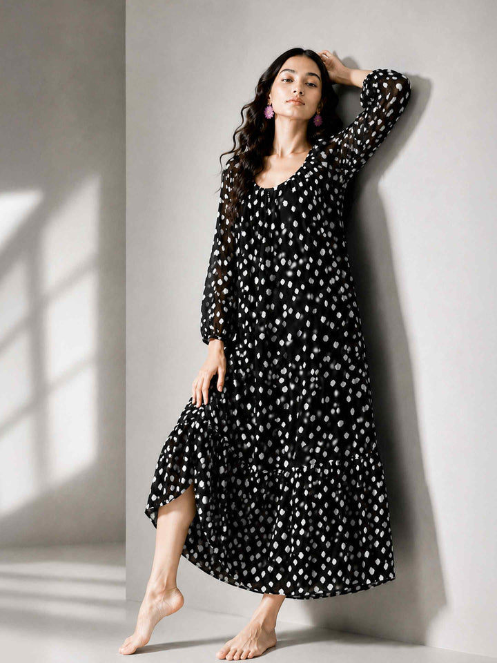 Boho Spirit Sleeved Dress - Black Polka
