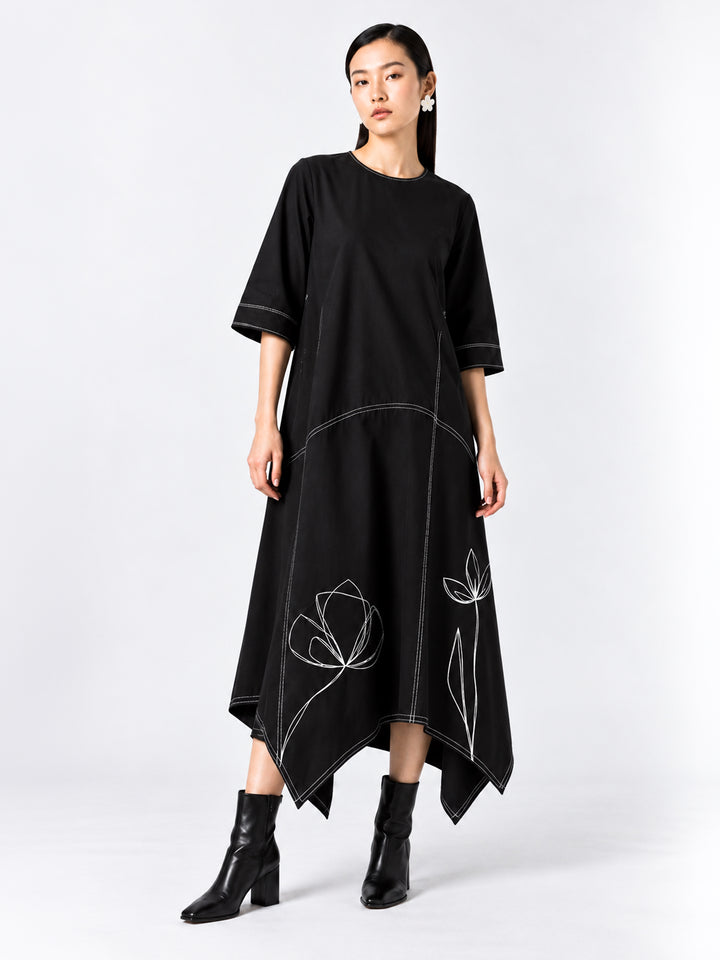 Assymetrical Floral Dress - Black