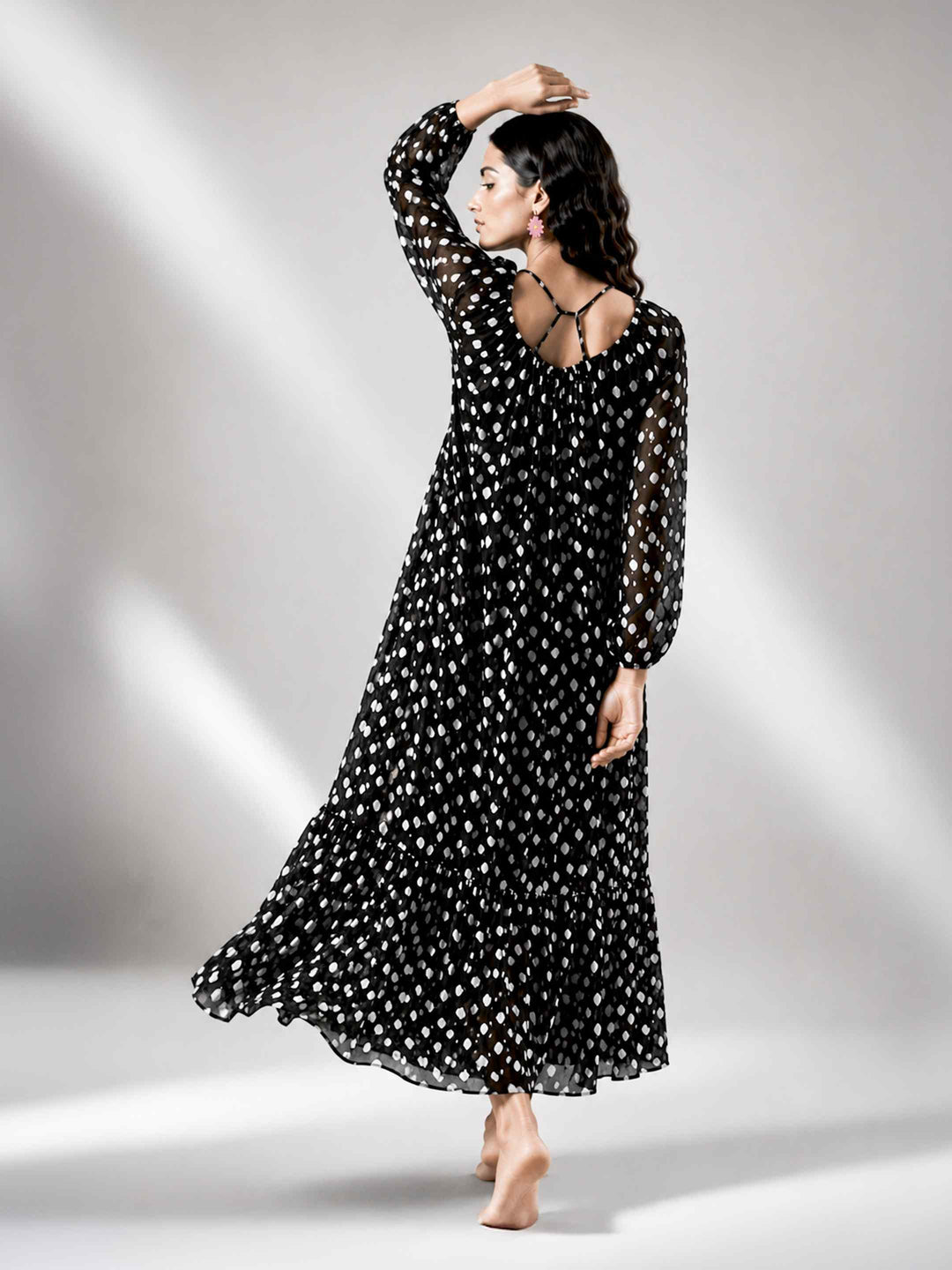 Boho Spirit Sleeved Dress - Black Polka