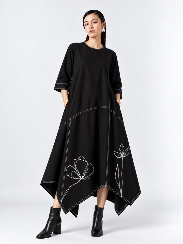 Assymetrical Floral Dress - Black