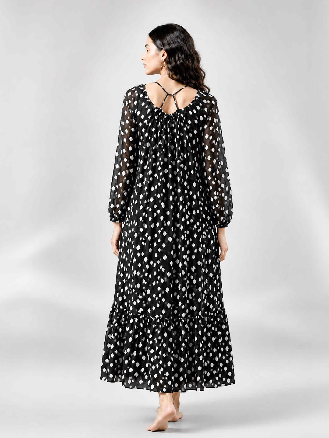 Boho Spirit Sleeved Dress - Black Polka