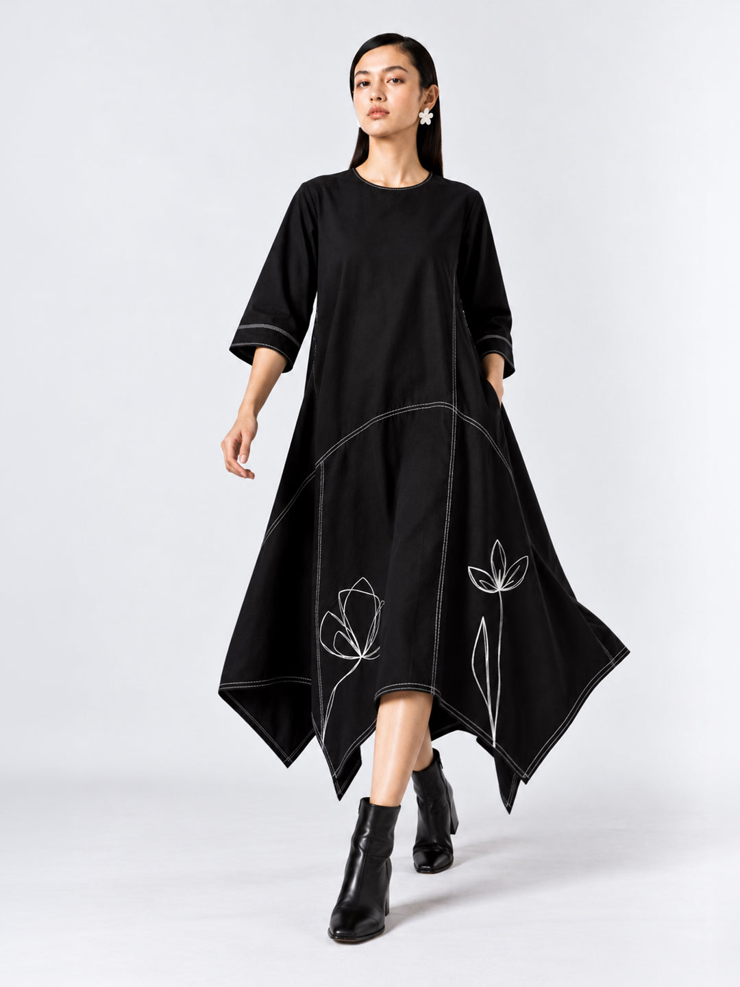 Assymetrical Floral Dress - Black