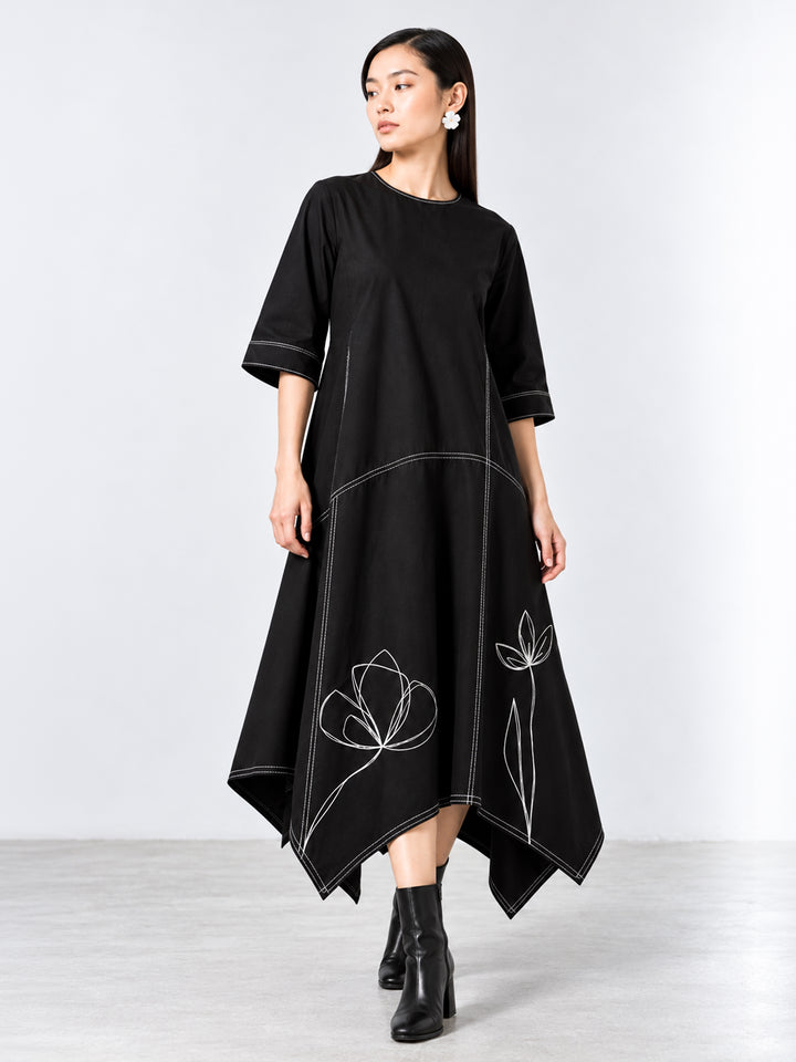 Assymetrical Floral Dress - Black