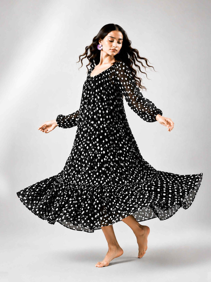 Boho Spirit Sleeved Dress - Black Polka
