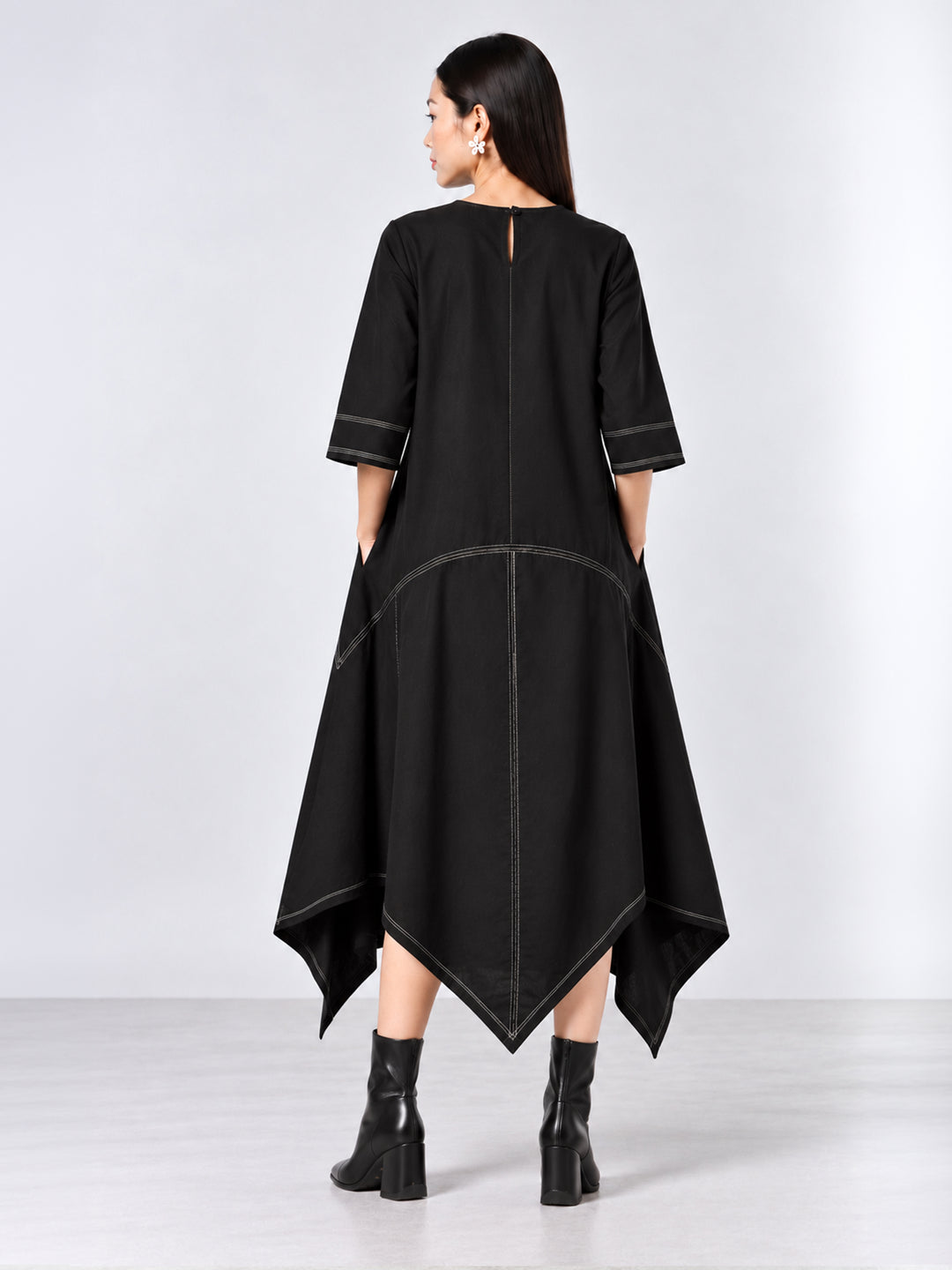 Assymetrical Floral Dress - Black