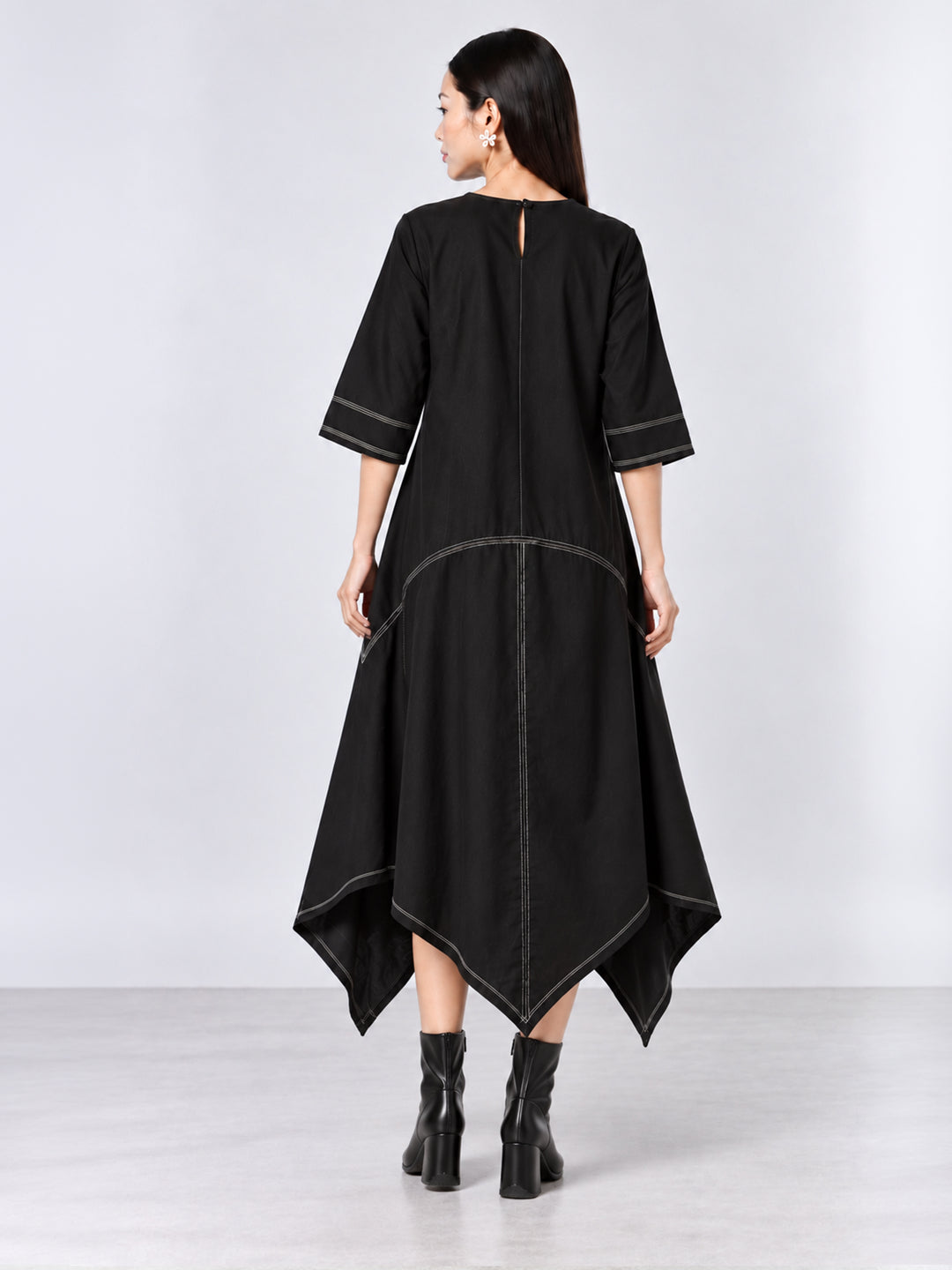Assymetrical Floral Dress - Black