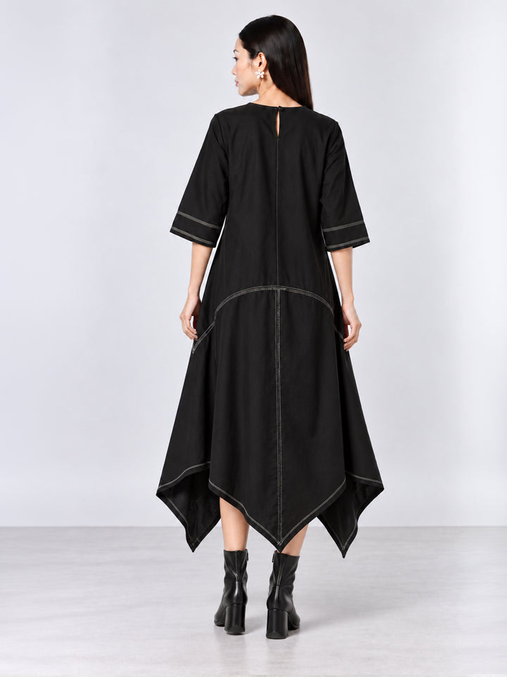 Assymetrical Floral Dress - Black