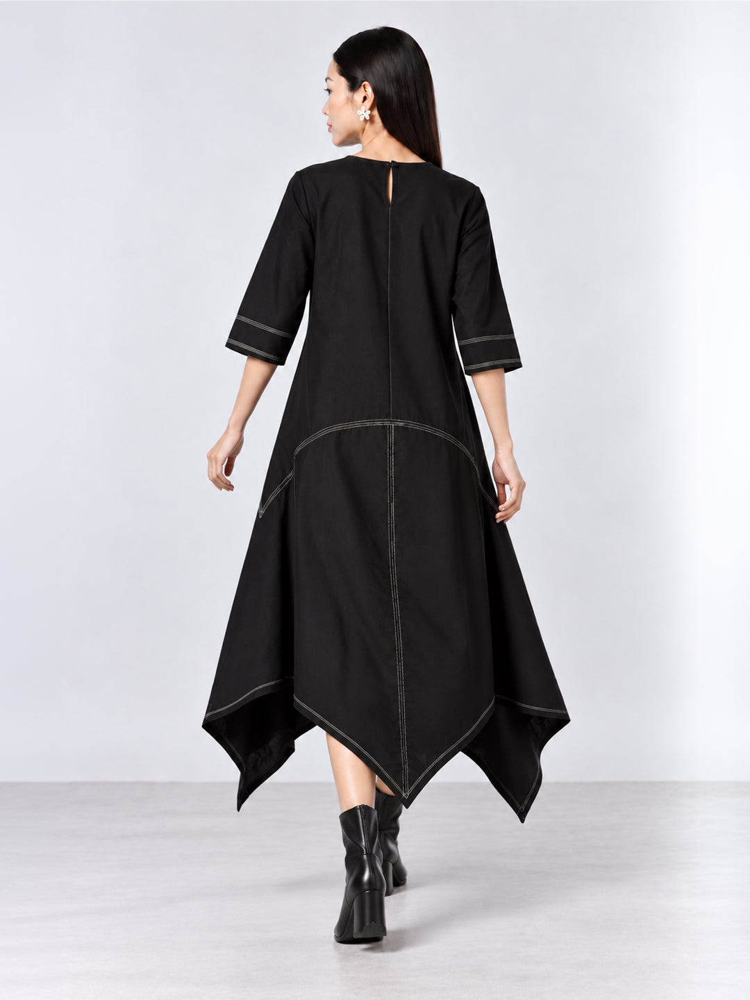 Assymetrical Floral Dress - Black