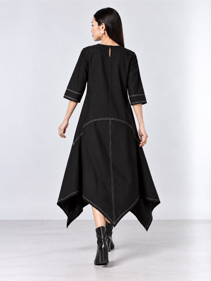 Assymetrical Floral Dress - Black