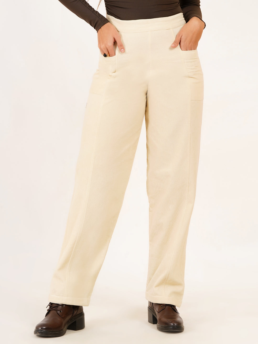 Relaxed Fit High-Waisted Velvet Corduroy Pants in Ecru| Available