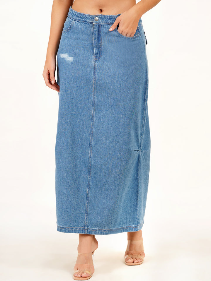 Ankle Length Blue Denim Skirt - Ruched Sides & Back Slit