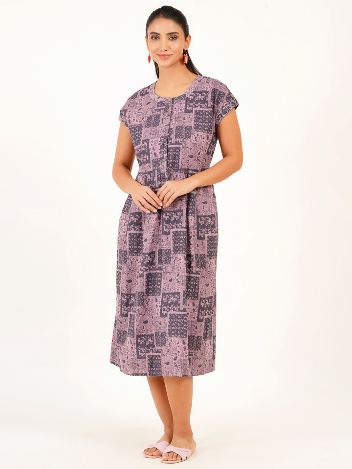 Pastel Pink Denim Midi Dress with Embroidered Neckline