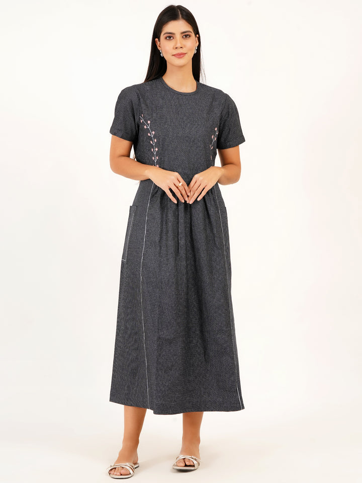 Soft Self-Check Denim Dress With Embroidered Seams