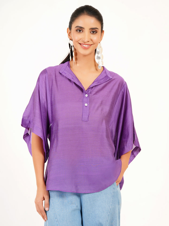 Elegant Purple Cotton Silk Smocked Top - Boxy Fit