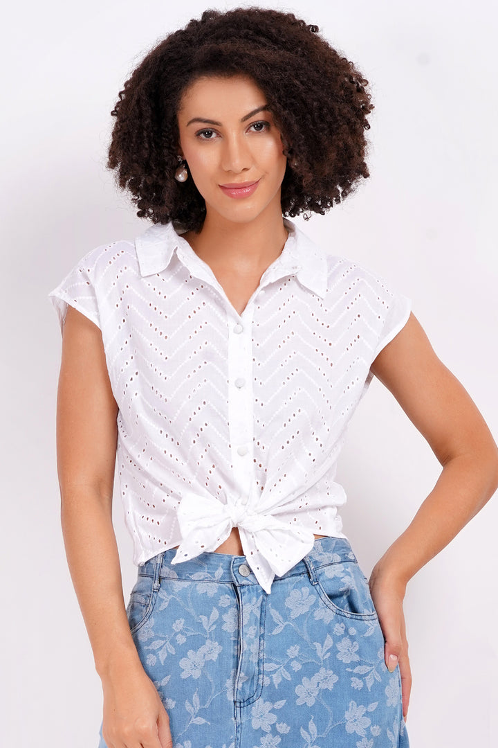 Knotted Schiffli Top - Pearl White