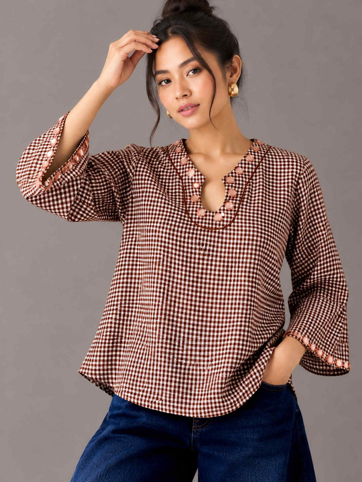 Faux Mirror Work Gigham Top