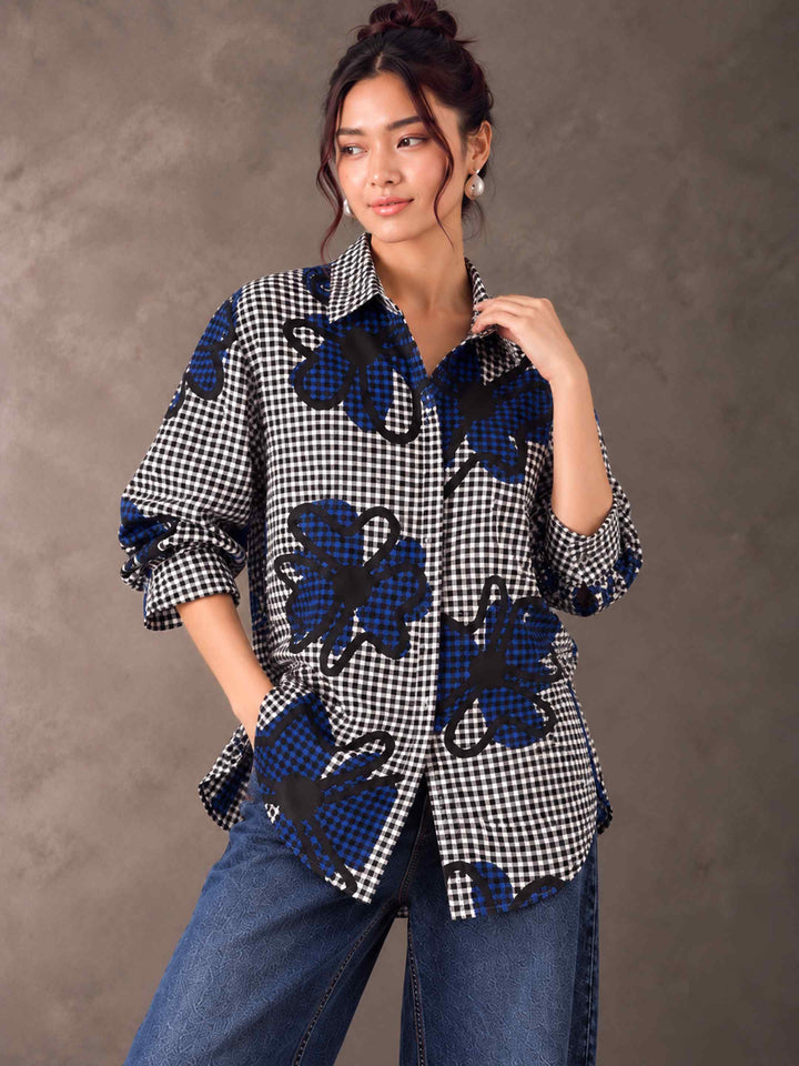 Gingham Doodle Shirt - Blue