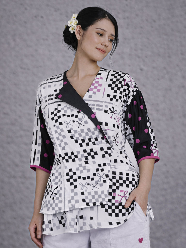Graphic Checks Wrap-Around Top