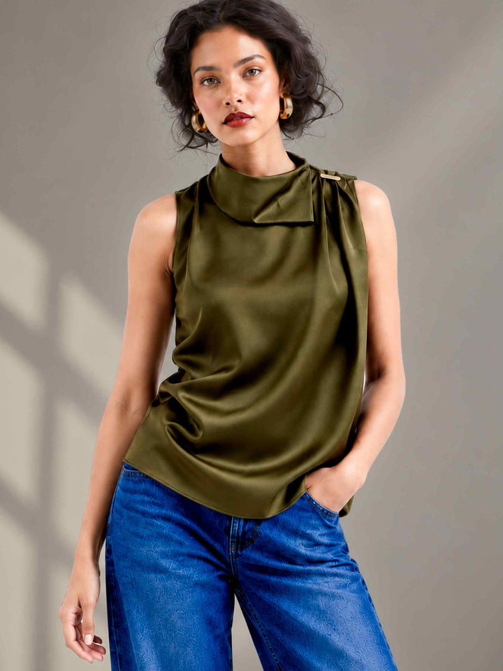 Folded Collar Satin Top - Olive