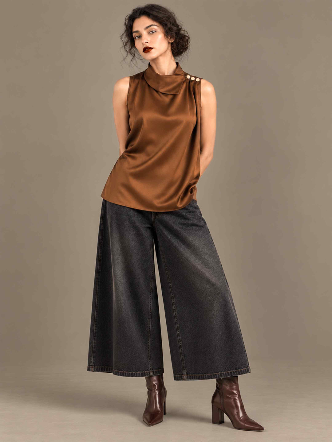 Folded Collar Satin Top - Caramel