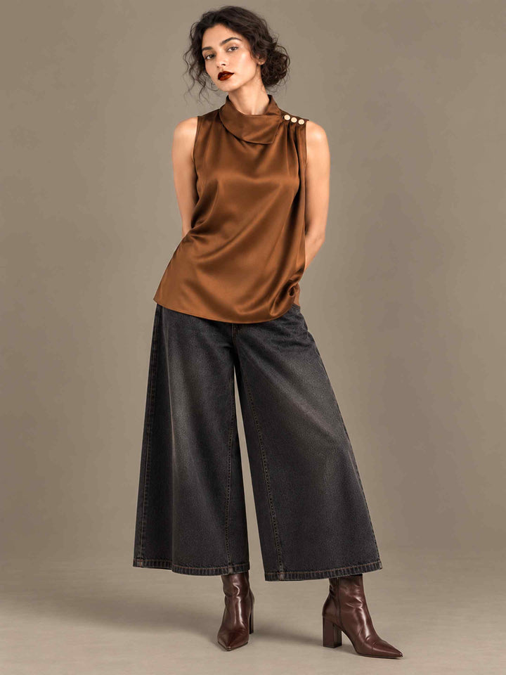Folded Collar Satin Top - Caramel