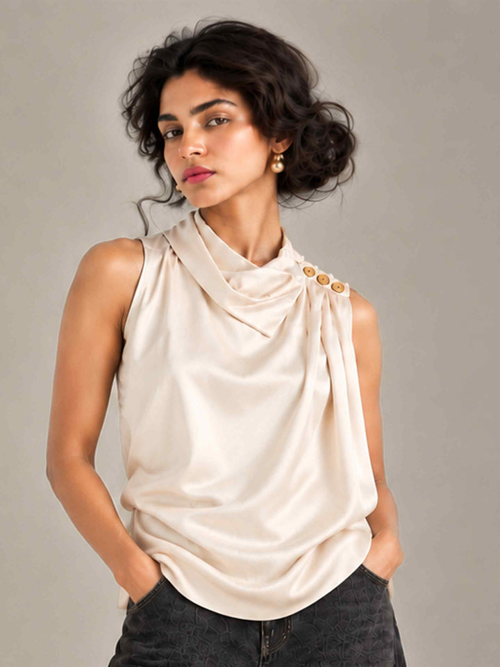 Folded Collar Satin Top - Ivory
