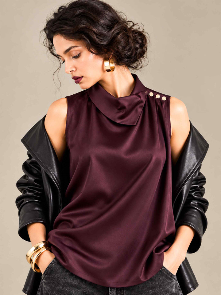 Folded Collar Satin Top - Wine