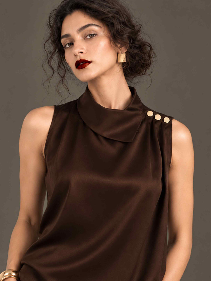 Folded Collar Satin Top - Coffee