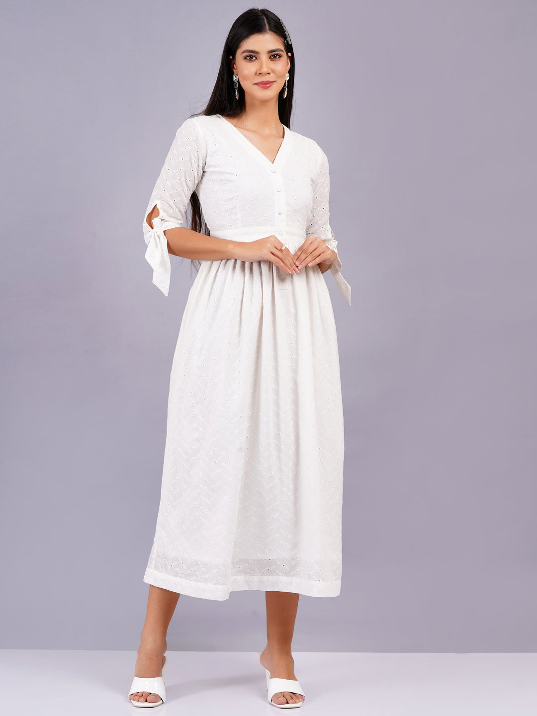 Elegant All-Over Embroidered White Schiffli Midi Dress