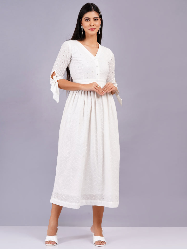 Elegant All-Over Embroidered White Schiffli Midi Dress