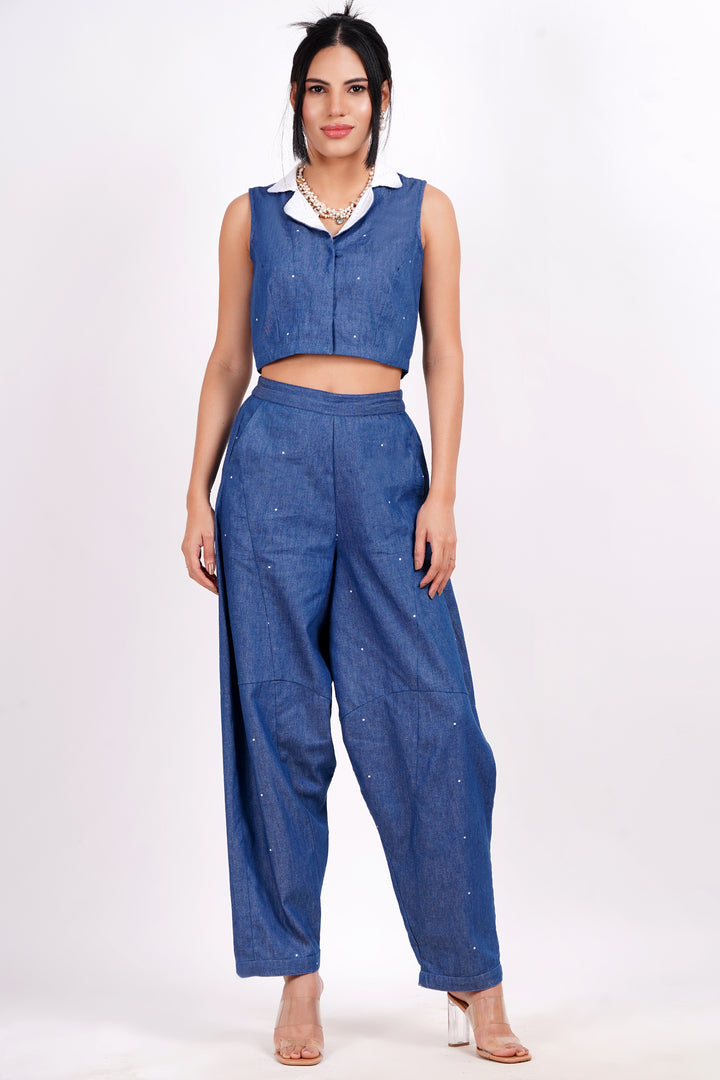 Polka Dot Denim Crop Top - Blue And White