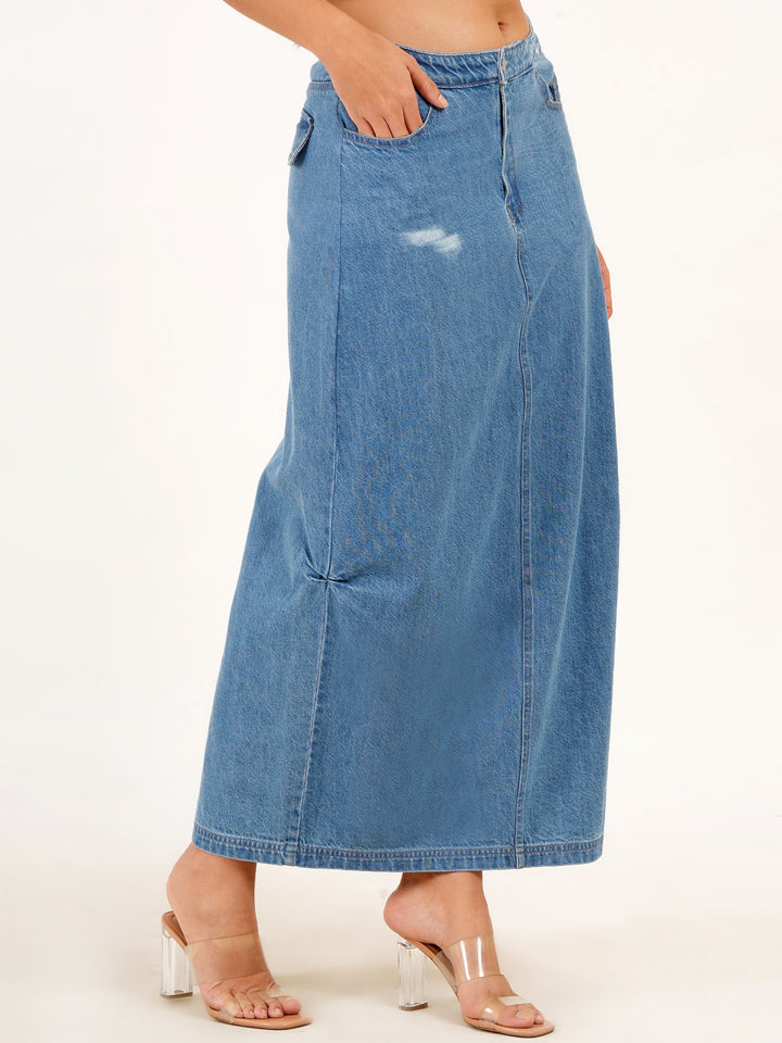 Ankle Length Blue Denim Skirt - Ruched Sides & Back Slit