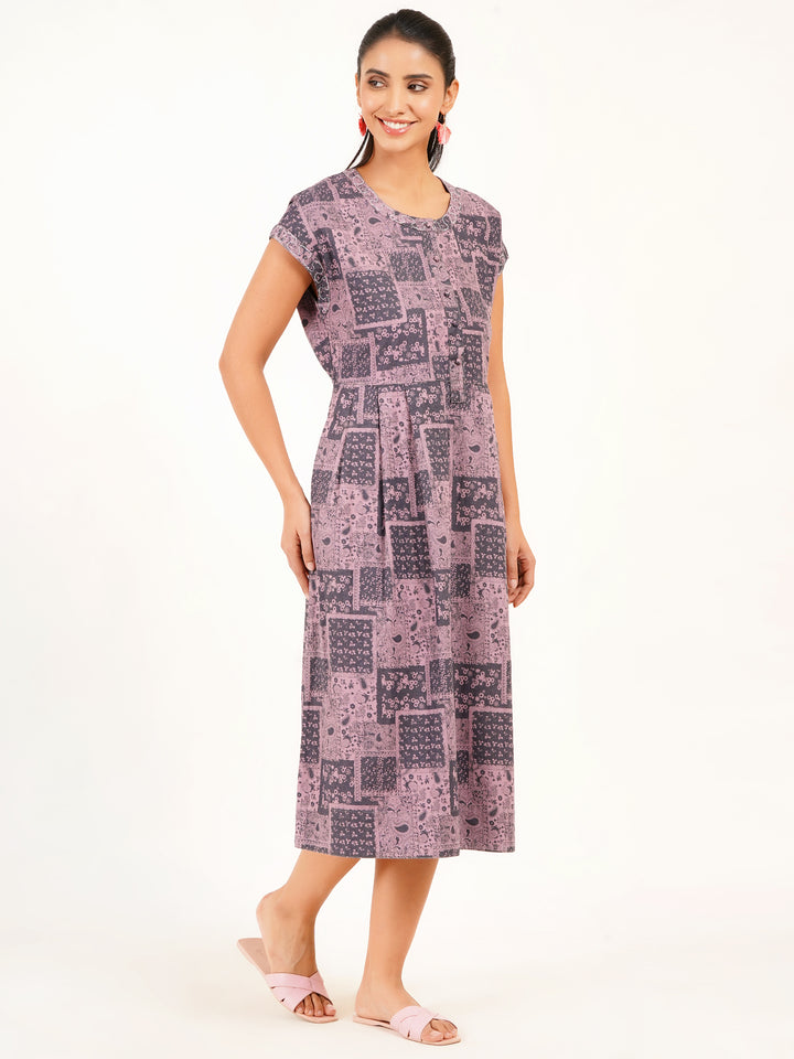 Pastel Pink Denim Midi Dress with Embroidered Neckline