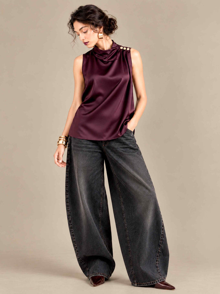 Folded Collar Satin Top - Wine