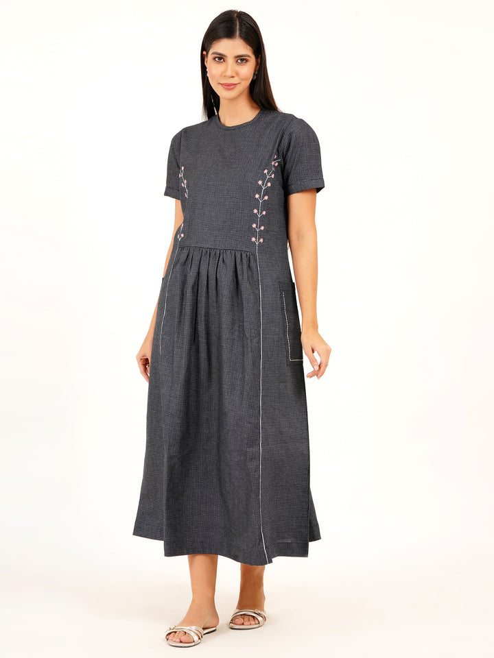 Soft Self-Check Denim Dress With Embroidered Seams