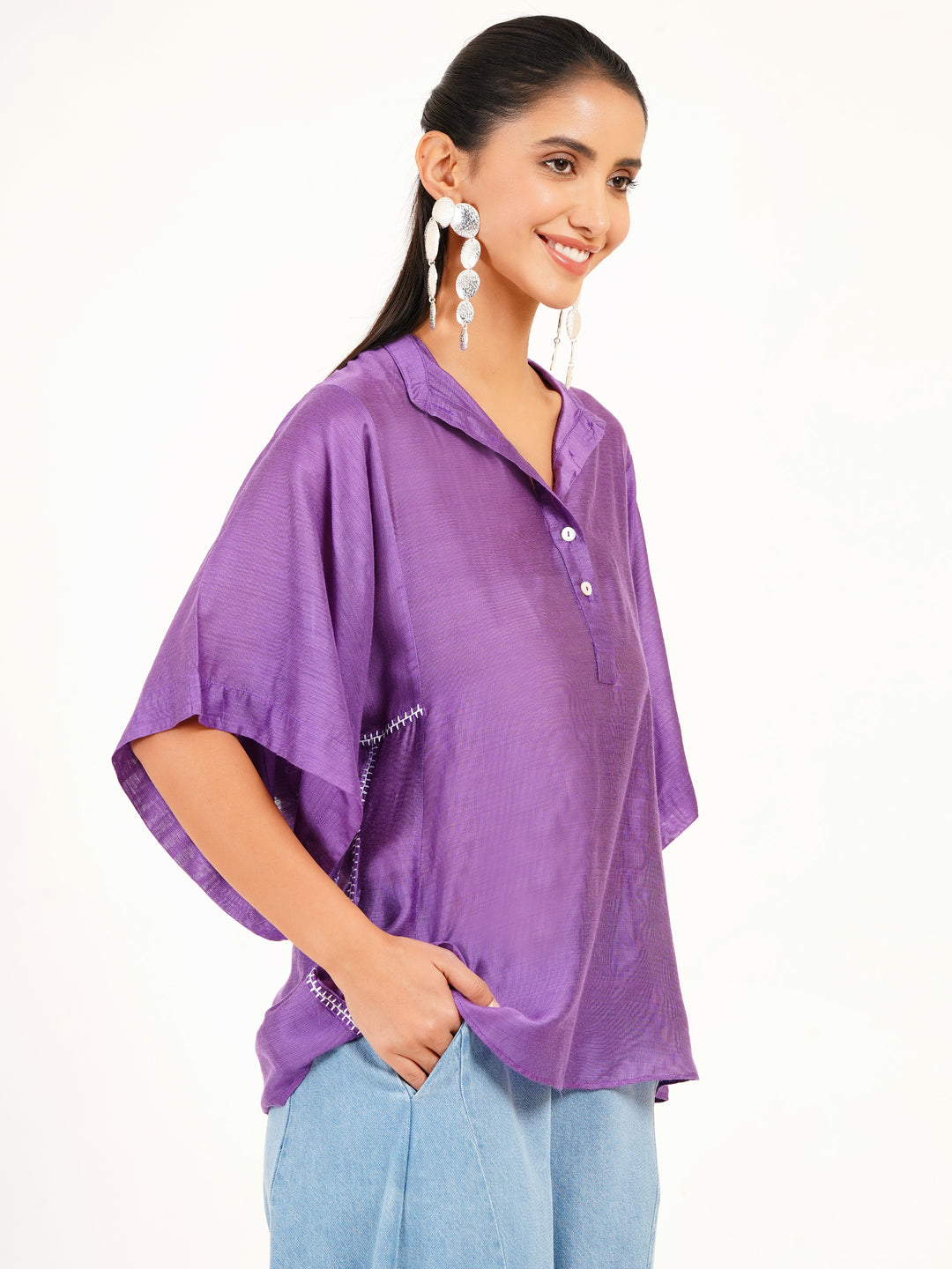 Elegant Purple Cotton Silk Smocked Top - Boxy Fit