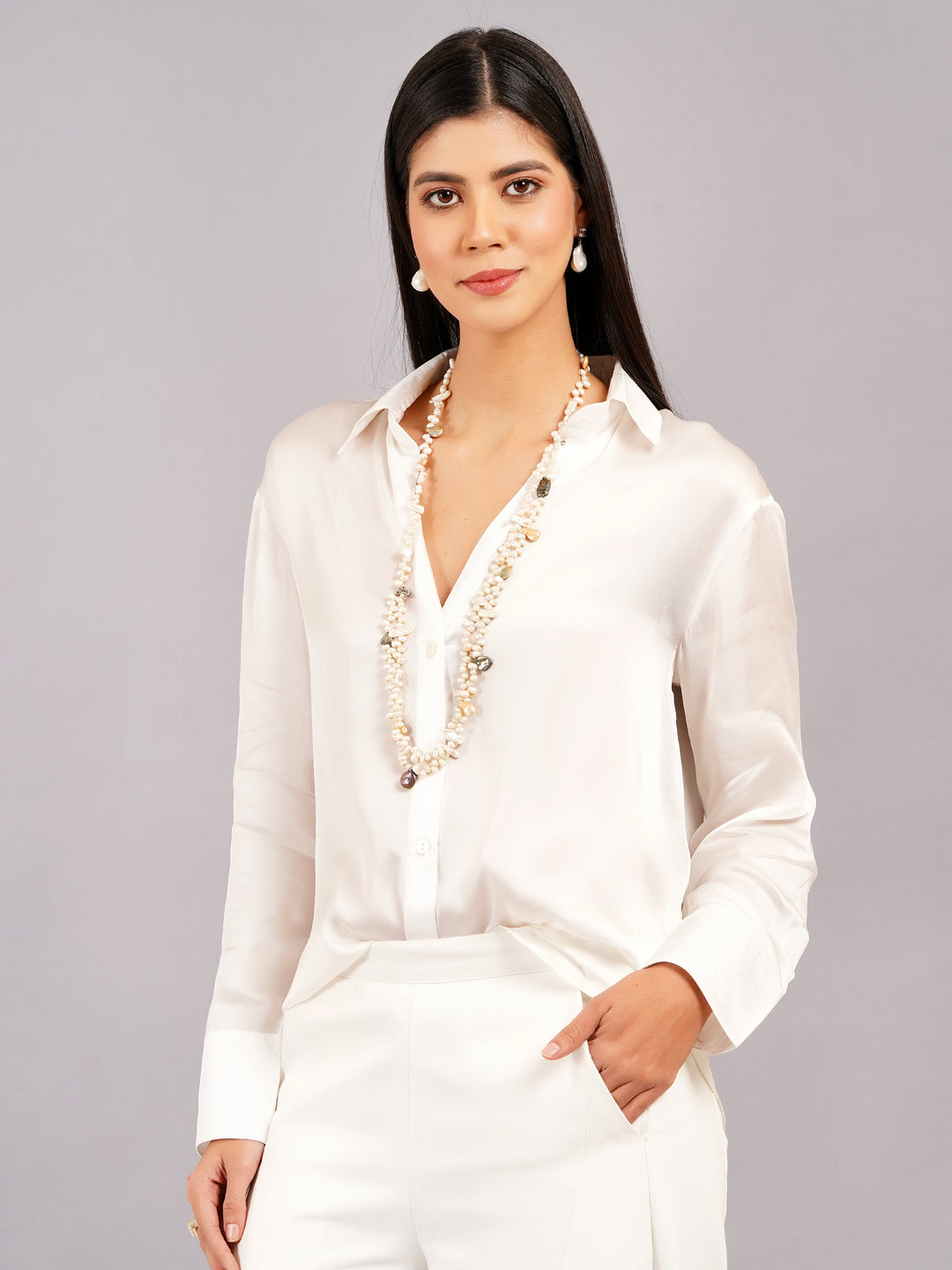 White Full Sleeves Silky Satin Shirt
