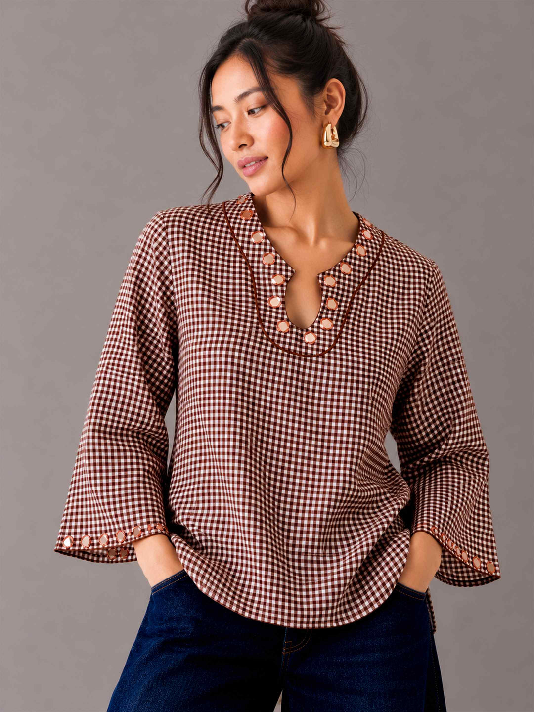 Faux Mirror Work Gigham Top
